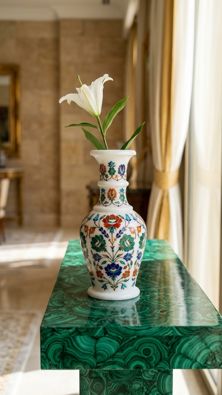 Luxury Marble Inlay Decorative Vase with Floral Art Design