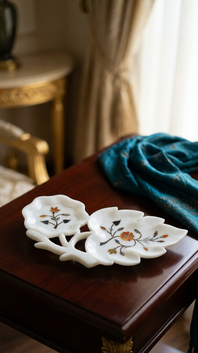 TESORO CASA Handmade Semi Precious Gemstone Inlay Leaf Tray