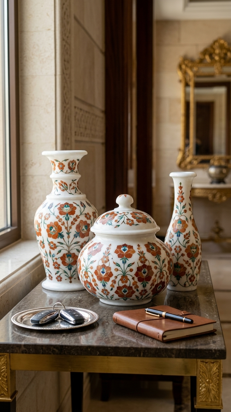 Marble Inlay Tea Set With Decorative Tray
