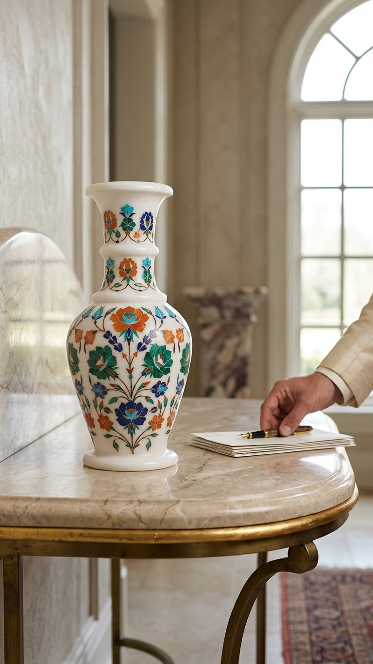 Handmade Marble Inlay Decorative Vase With Floral Design