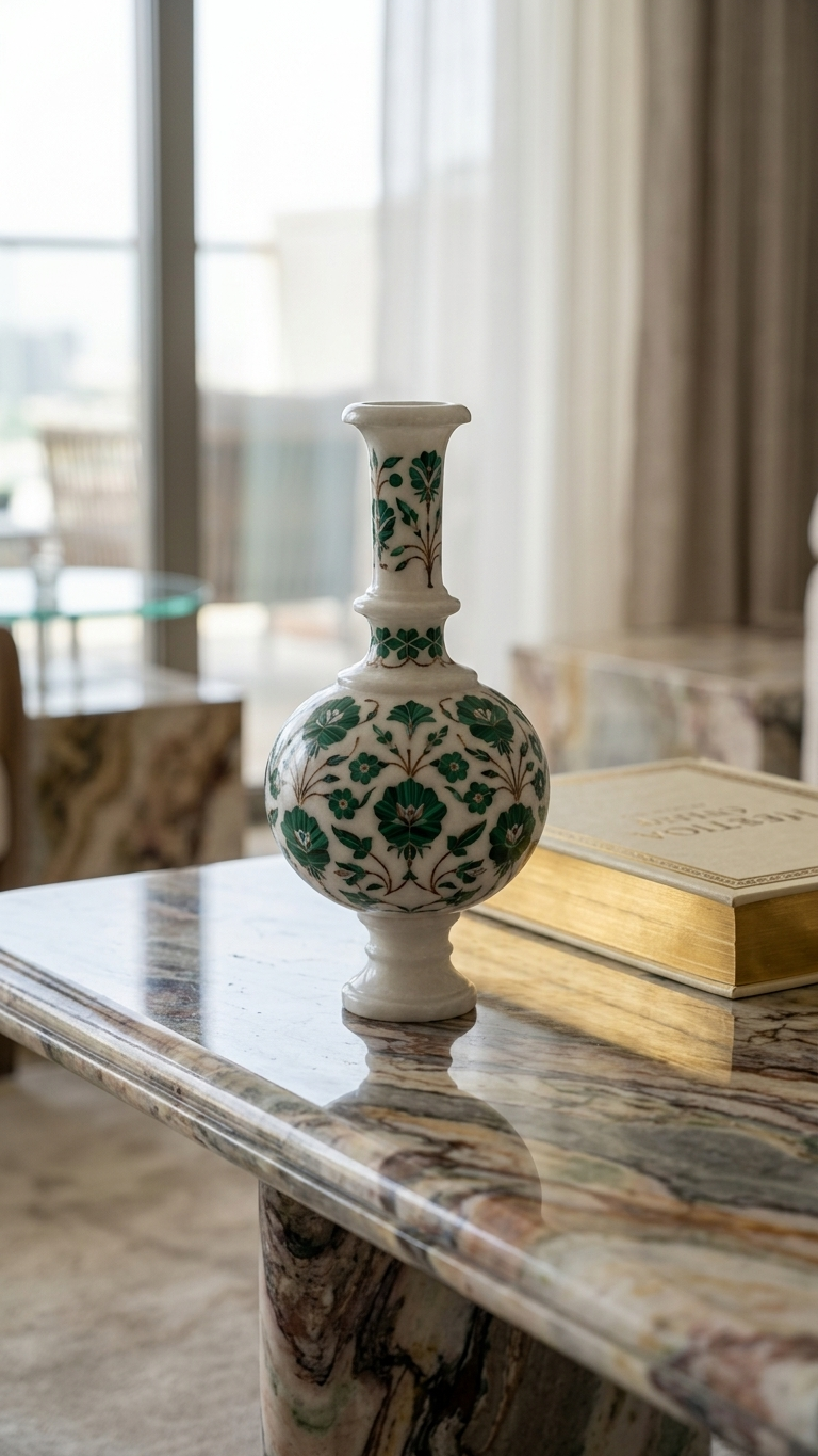 Handmade Marble Inlay Decorative Vase With Green Floral Design