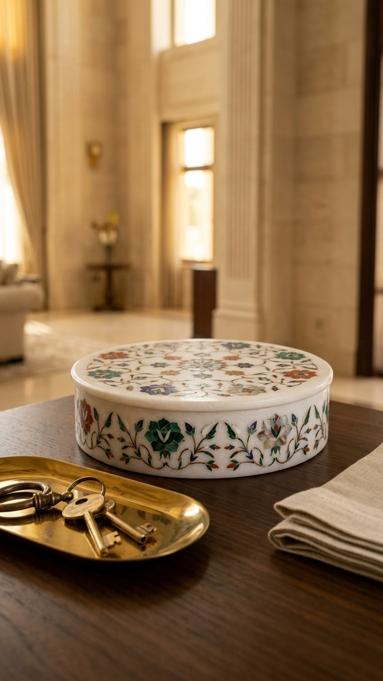 Luxury Round Marble Inlay Jewelry Box with Multicolour Floral Art Design