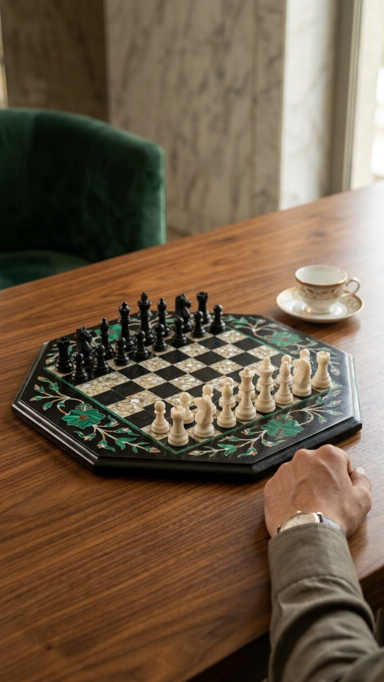 Octagonal Marble Inlay Chess Board Set With Pieces
